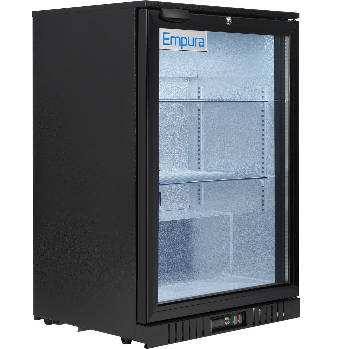 A black Empura LG-138HA-B glass door merchandiser refrigerator with two adjustable wire shelves and bright LED lighting. The single lockable glass door and bottom-right control panel add security and convenience. The countertop refrigerator interior is empty.