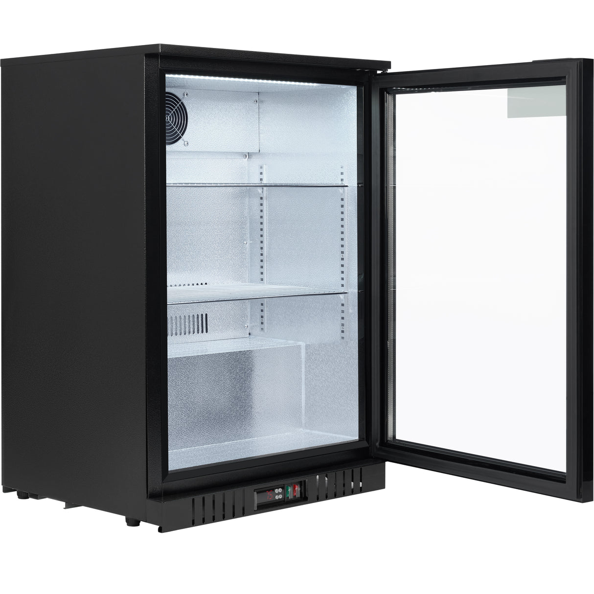 A black Empura LG-138HA-B glass door merchandiser sits open. The empty countertop refrigerator features three wire shelves, interior lighting, and a bottom front control panel with buttons and a digital display.