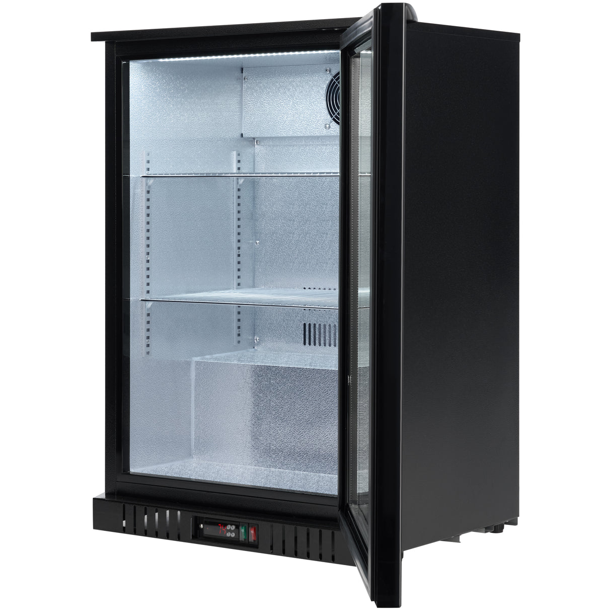 The Empura LG-138HA-B is a sleek black countertop refrigerator with a glass front door that opens to reveal three clear shelves, a top light, and a digital control panel at the base. This empty glass door merchandiser is perfect for display and easy access.