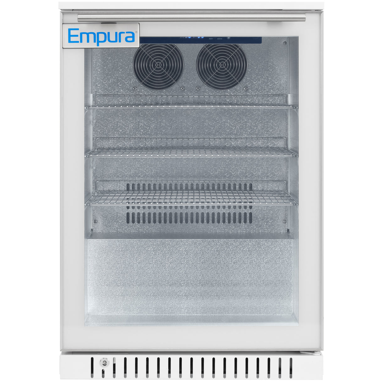 A front-facing, commercial glass door merchandiser by Empura. The interior has three metal wire shelves, two cooling fans at the top, and a vented panel at the bottom. The transparent door showcases products, with the Empura logo in the upper left corner.