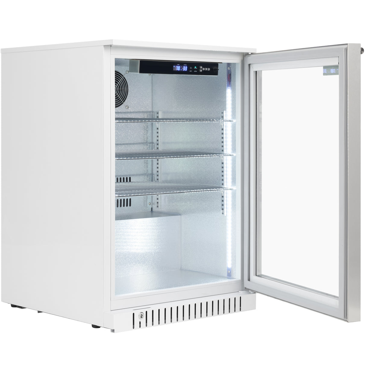 A modern, white undercounter refrigerator sits on a white surface with its glass door open. The interior is brightly lit with LED lights, revealing three adjustable wire shelves and a digital control panel at the top. The fridge appears clean and empty.