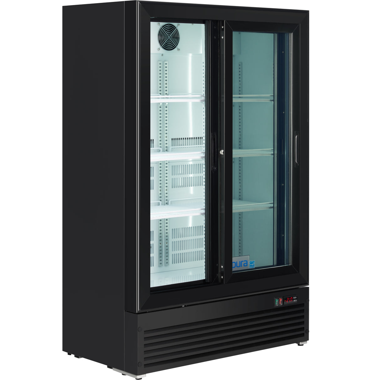 A black commercial refrigerator merchandiser with double sliding glass doors, white interior, adjustable wire shelves, and a digital control panel at the bottom right. The empty fridge is well-lit from within.
