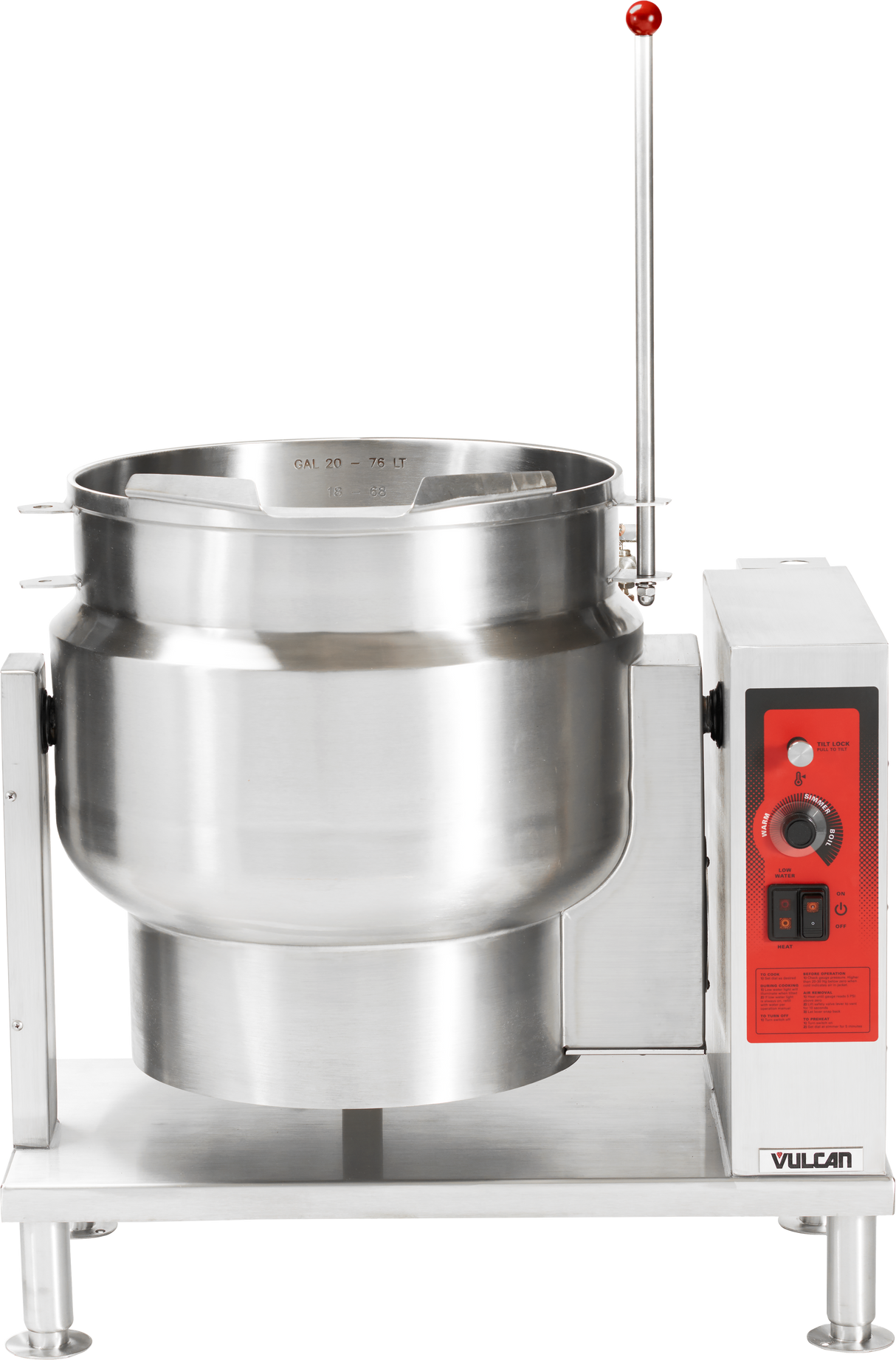 A large industrial 20-gallon tilting kettle with a red and black control panel on the right side, labeled Vulcan. The round stainless steel kettle features side handles, a tall metal lever, and sits on a sturdy four-legged metal frame.