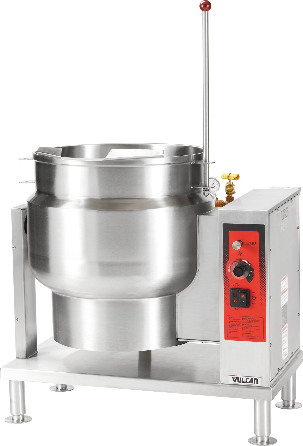 A large commercial 20-gallon tilting kettle with control panel, red handle, and spout, designed for industrial kitchens. It sits on a sturdy metal stand with the “Vulcan” brand name on the bottom right of the control box.