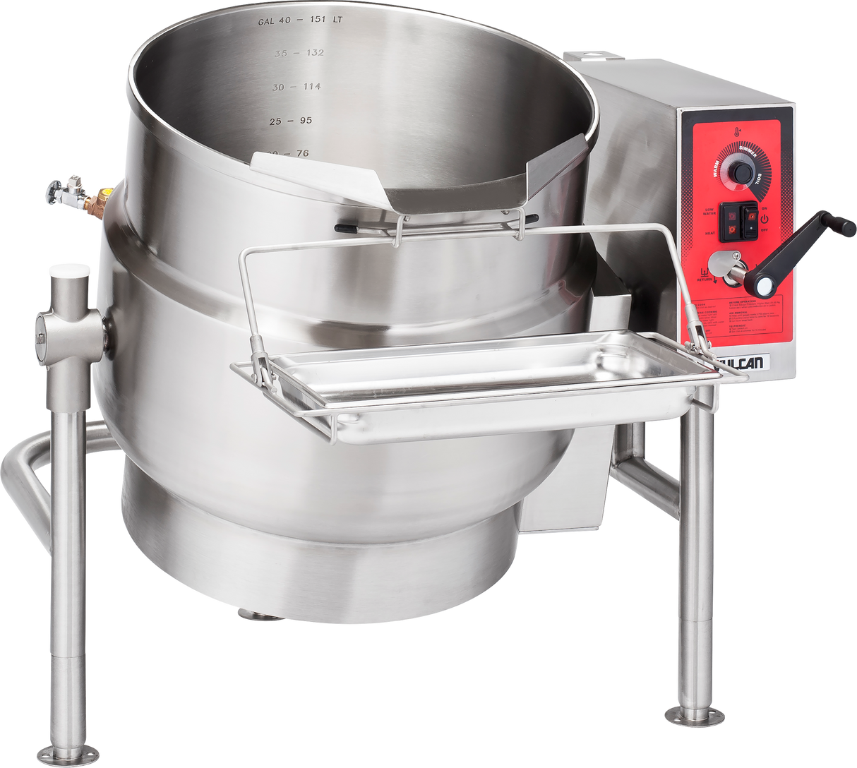 A large 40-gallon stainless steel electric tilting kettle with a red control panel, black knob, and attached utensil tray. It stands on three legs, features interior measurement markings, and is perfect for cooking or mixing large batches.
