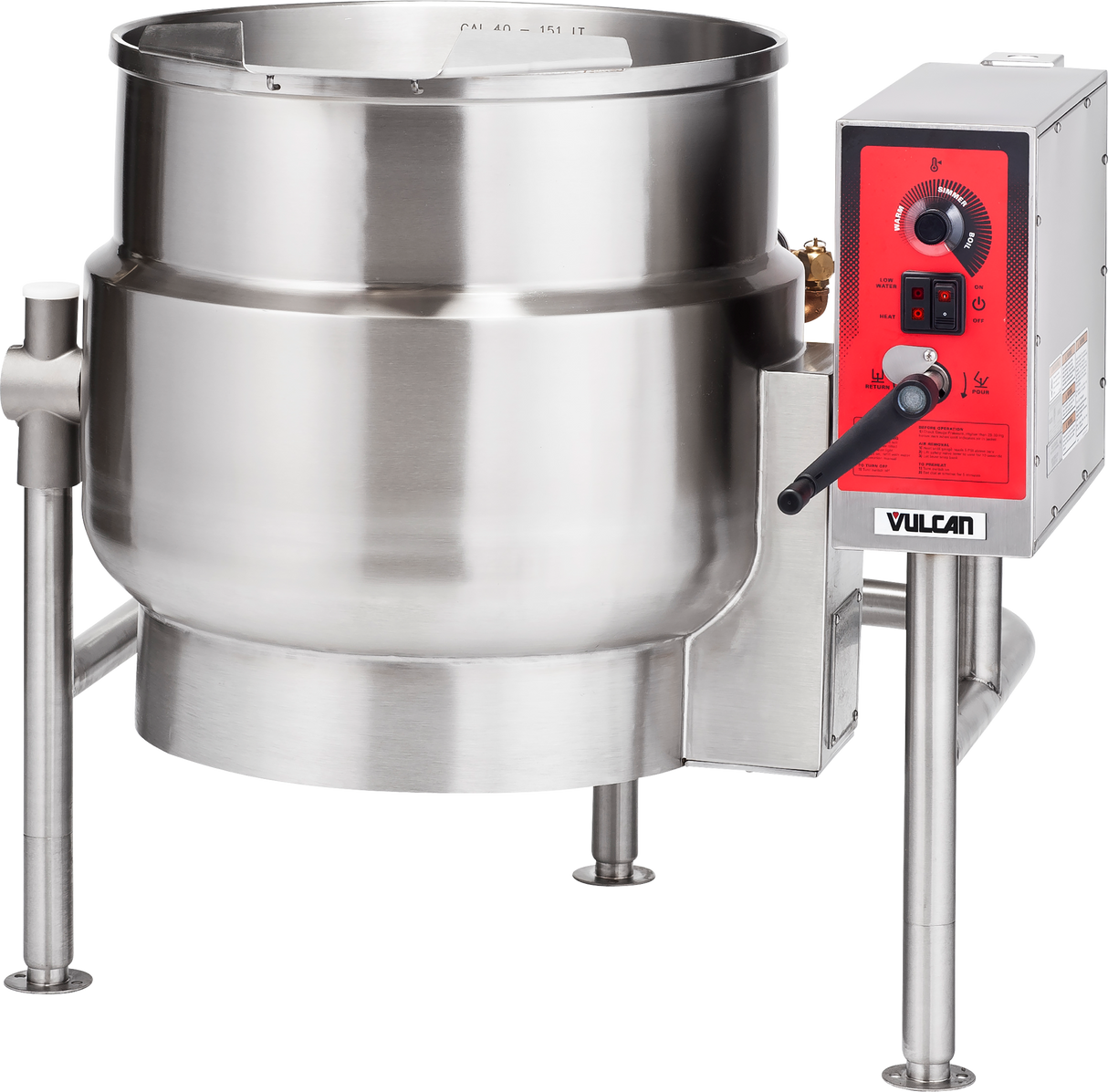 A large industrial 40-gallon electric tilting kettle with three sturdy legs, a tilting mechanism with black handle, and a red control panel labeled Vulcan featuring buttons, switches, and a digital display.