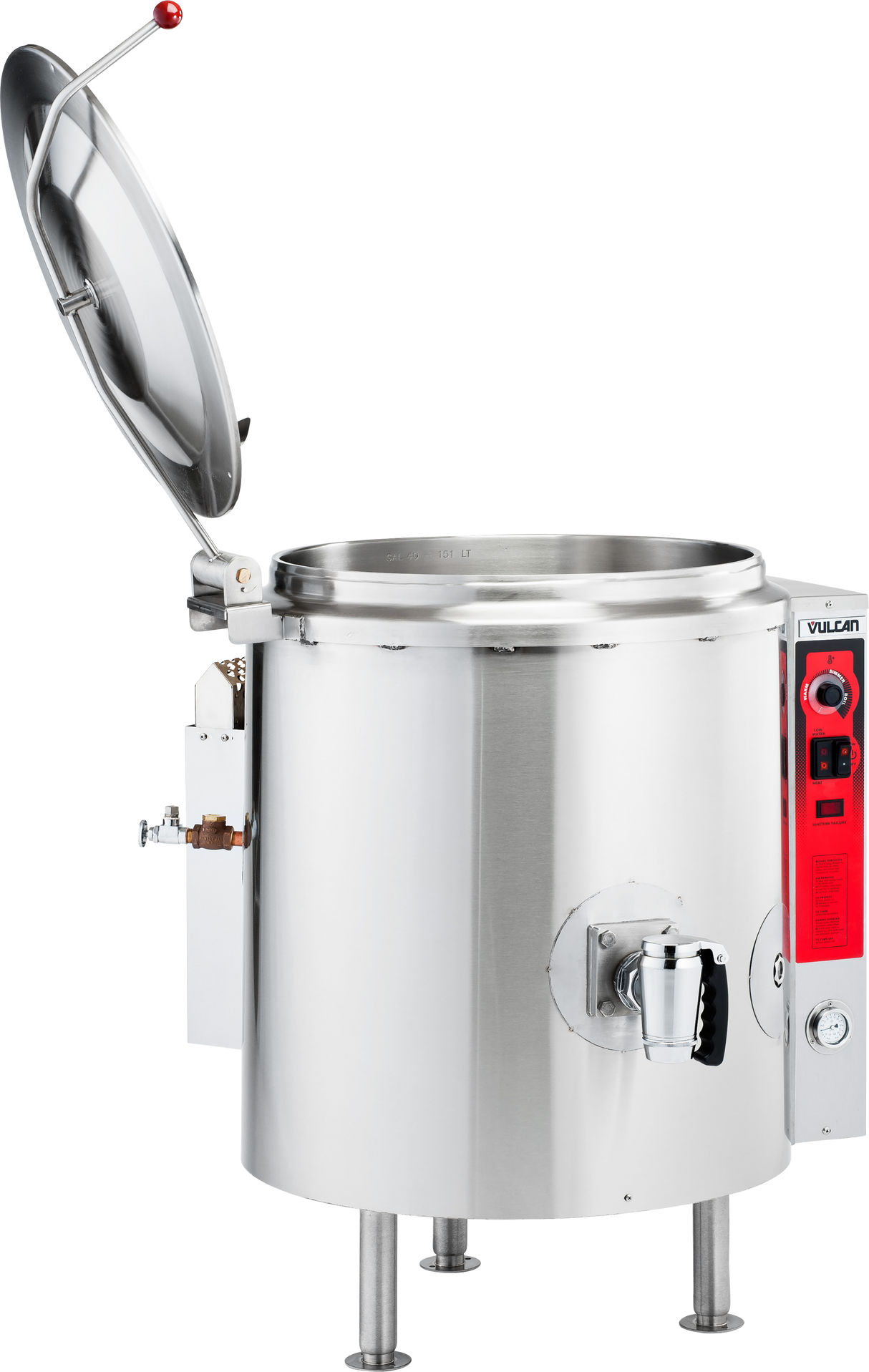 A large industrial 40-gallon stainless steel stationary kettle with an open lid stands on four legs. The control panel on the right side is red with buttons and a dial. A spout for dispensing liquid is on the front. The design is sleek and functional.