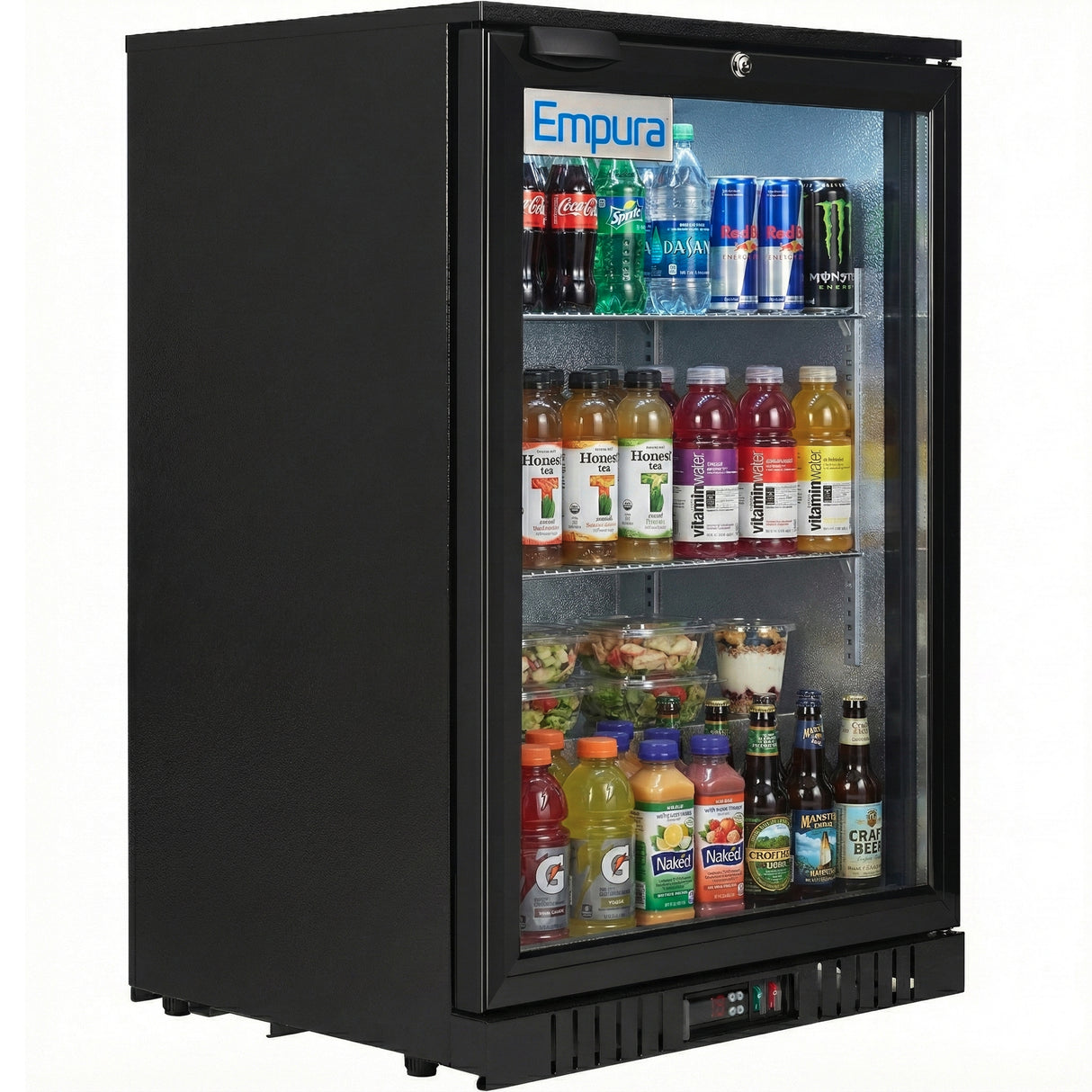 A black Empura LG-138HA-B glass door merchandiser is stocked with assorted bottled and canned drinks, including water, soda, Monster energy drinks, Honest Tea, Snapple, and Naked Juice on three well-lit shelves.