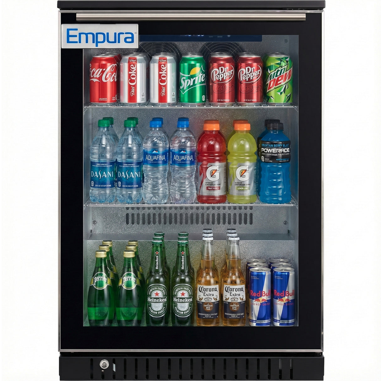 An Empura merchandiser refrigerator with glass doors displays assorted drinks: sodas (Coca-Cola, Diet Coke, Sprite, Dr Pepper, Mountain Dew), Aquafina and Dasani water bottles, Gatorade, Powerade, Heineken, Corona beer, San Pellegrino, and Red Bull.