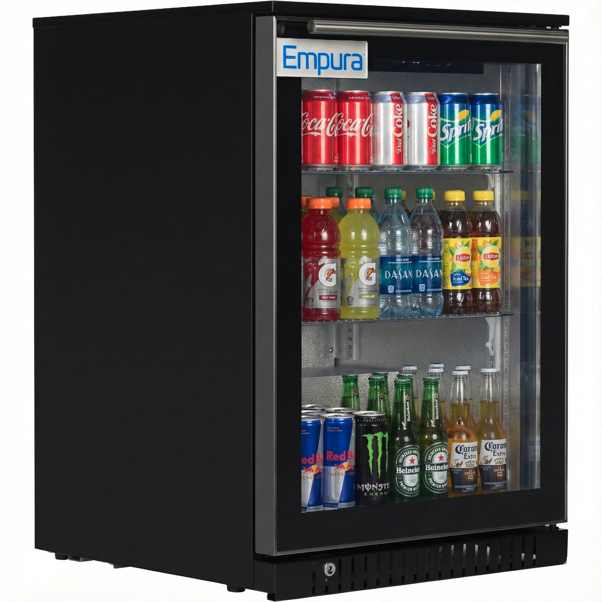 A black Empura undercounter refrigerator with a glass door displays assorted drinks, including Coca-Cola, Sprite, Red Bull, and Heineken on three well-lit shelves. This merchandiser refrigerator keeps your beverages organized and easily visible.