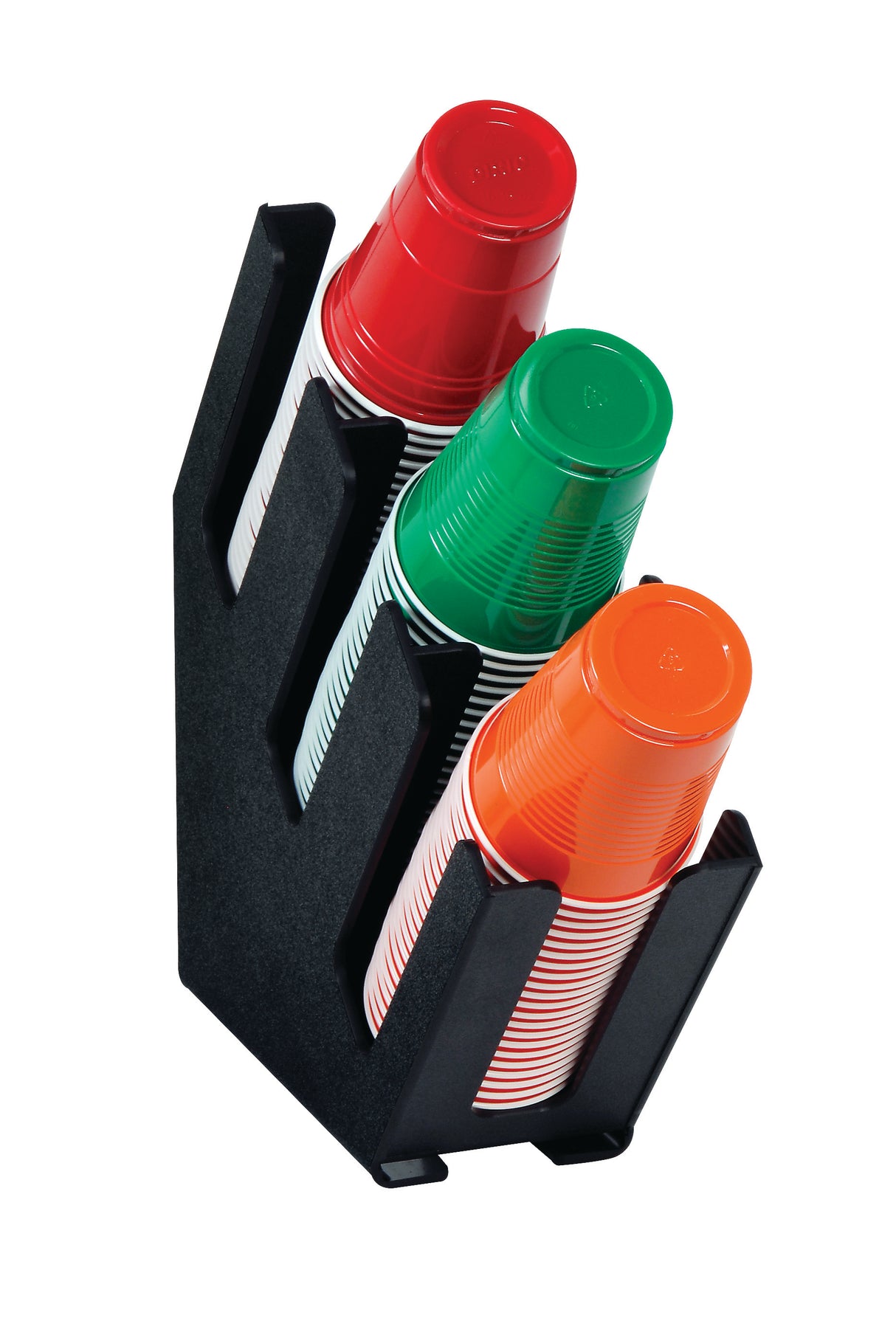 A black, three-section cup and lid organizer holds red, green, and orange plastic cups in angled slots with circular bottoms facing outward. Its slim design keeps cups neatly arranged against a plain white background.