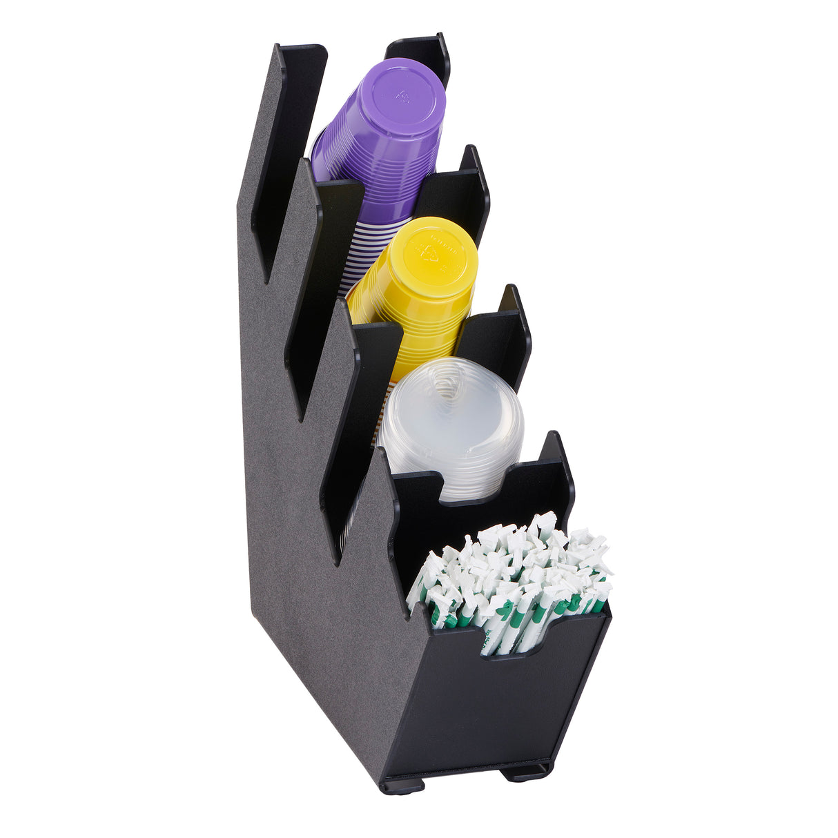 A black, angled polystyrene organizer holds purple, yellow, and clear disposable cups in three separate slots, with white and green plastic stir sticks stored in a front compartment. The cups are stacked vertically on a white surface.
