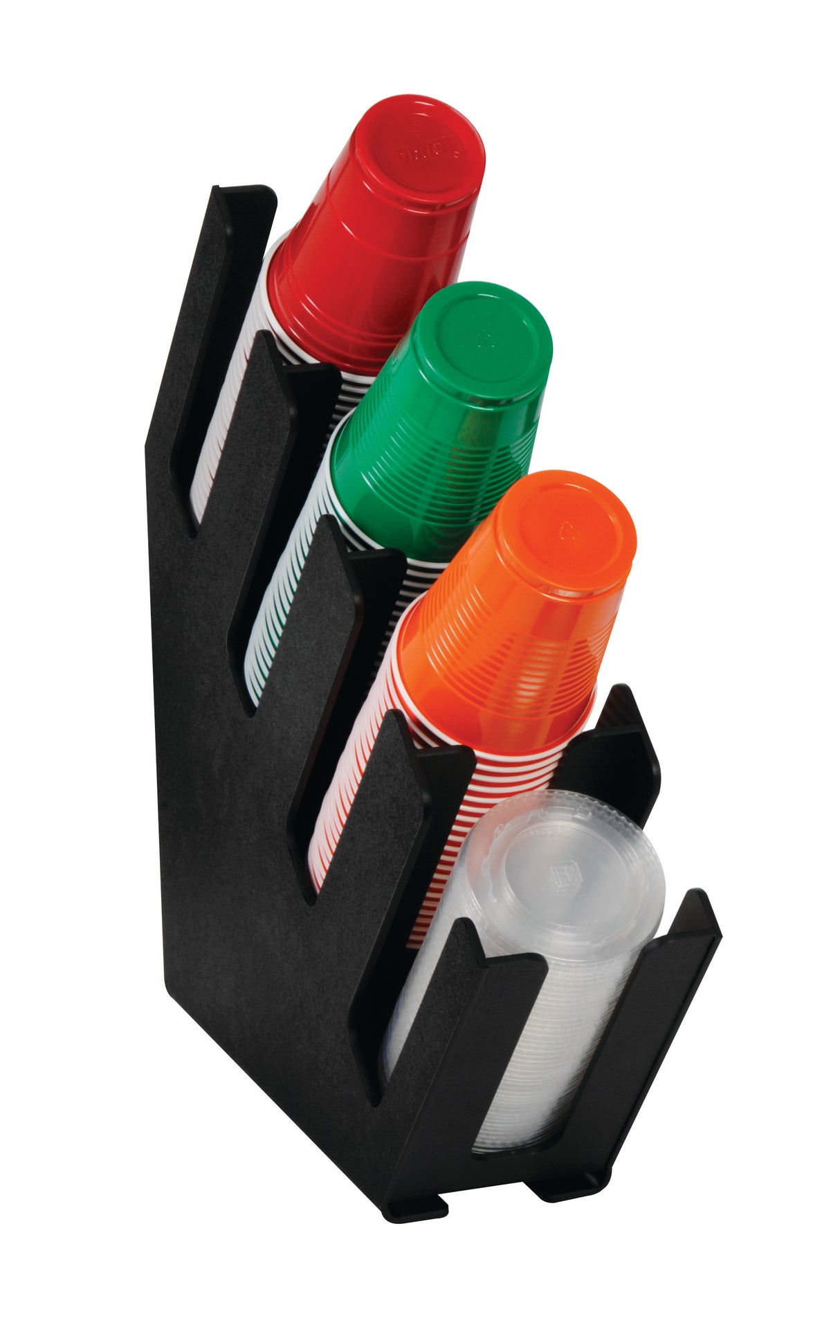 A black four-section organizer with a slim design holds stacks of red, green, orange, and clear disposable cups. Each color is grouped in its own angled slot for easy selection. The background is plain white.