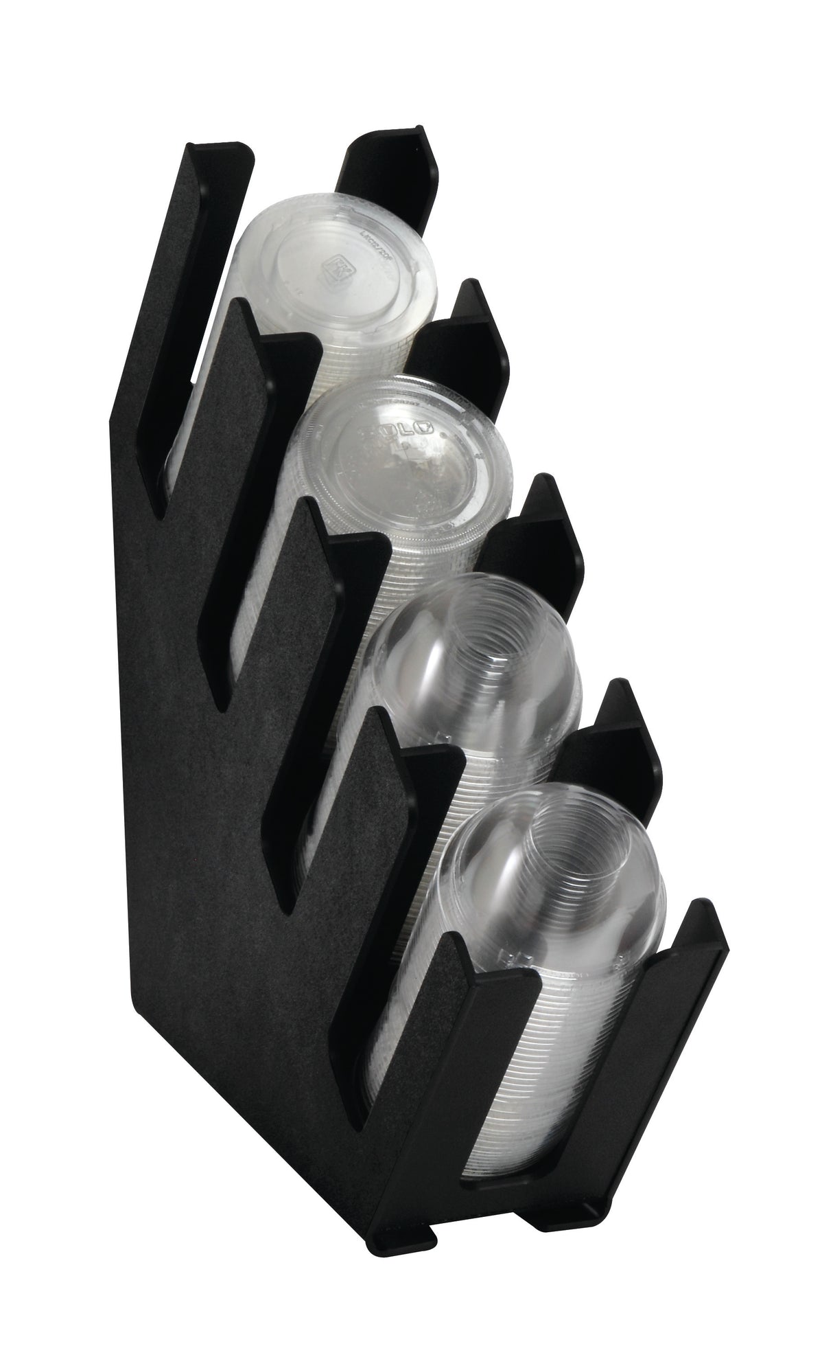 A slim design black plastic cup and lid organizer with three angled slots, each holding a stack of clear plastic drinking cups in various sizes, viewed from a slightly side angle on a white background.
