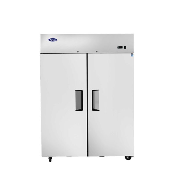 A large, white, commercial reach-in refrigerator with two vertical doors, each with a black handle. It has a digital display on the upper right, sits on wheels, and features the Arctic Air blue logo on the upper left. The background is plain white.
