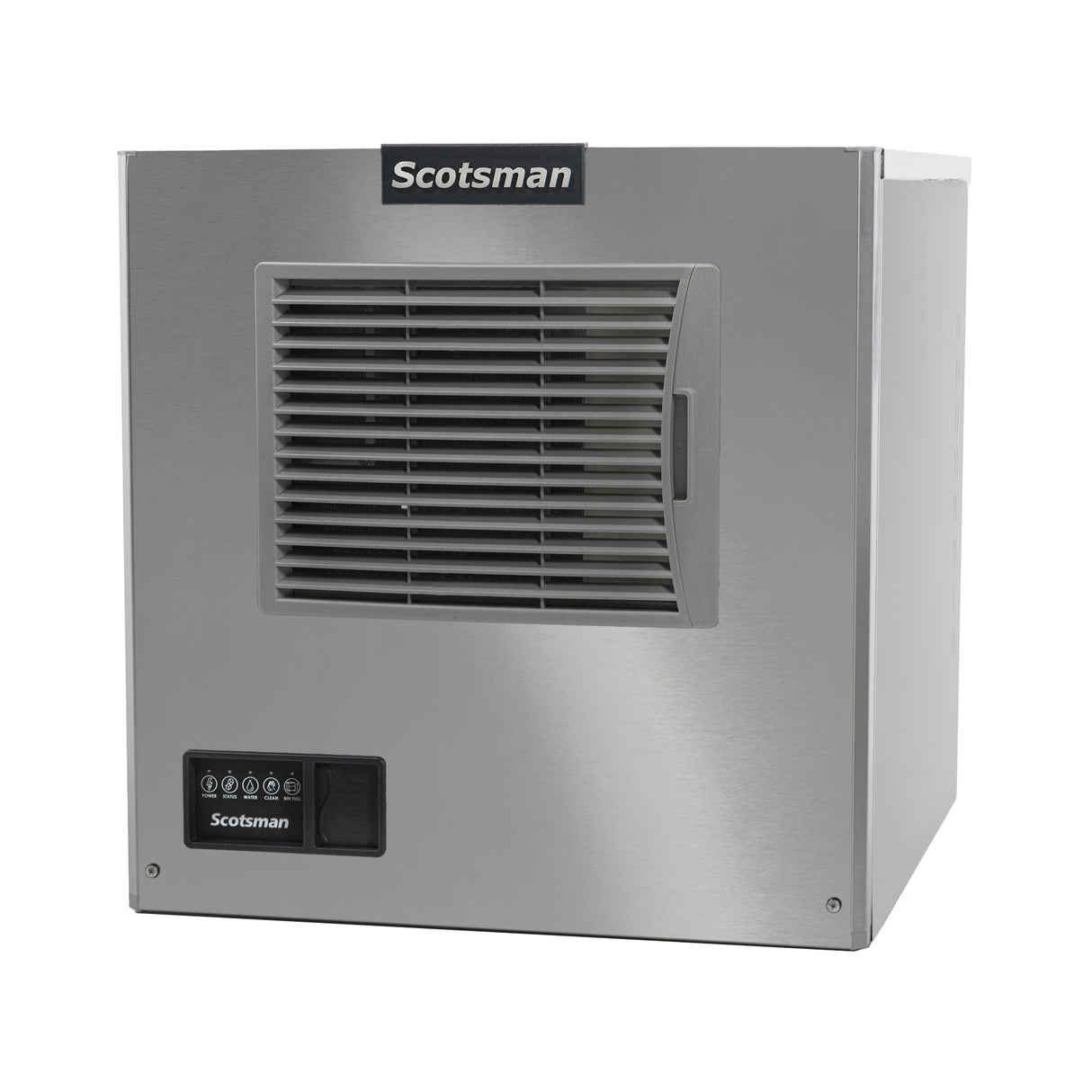 A stainless steel, air-cooled Scotsman ice maker with a front air vent grille, physical control buttons, and indicator lights on the bottom left panel. The Scotsman logo appears at the top center and above the controls in its modern, boxy design.