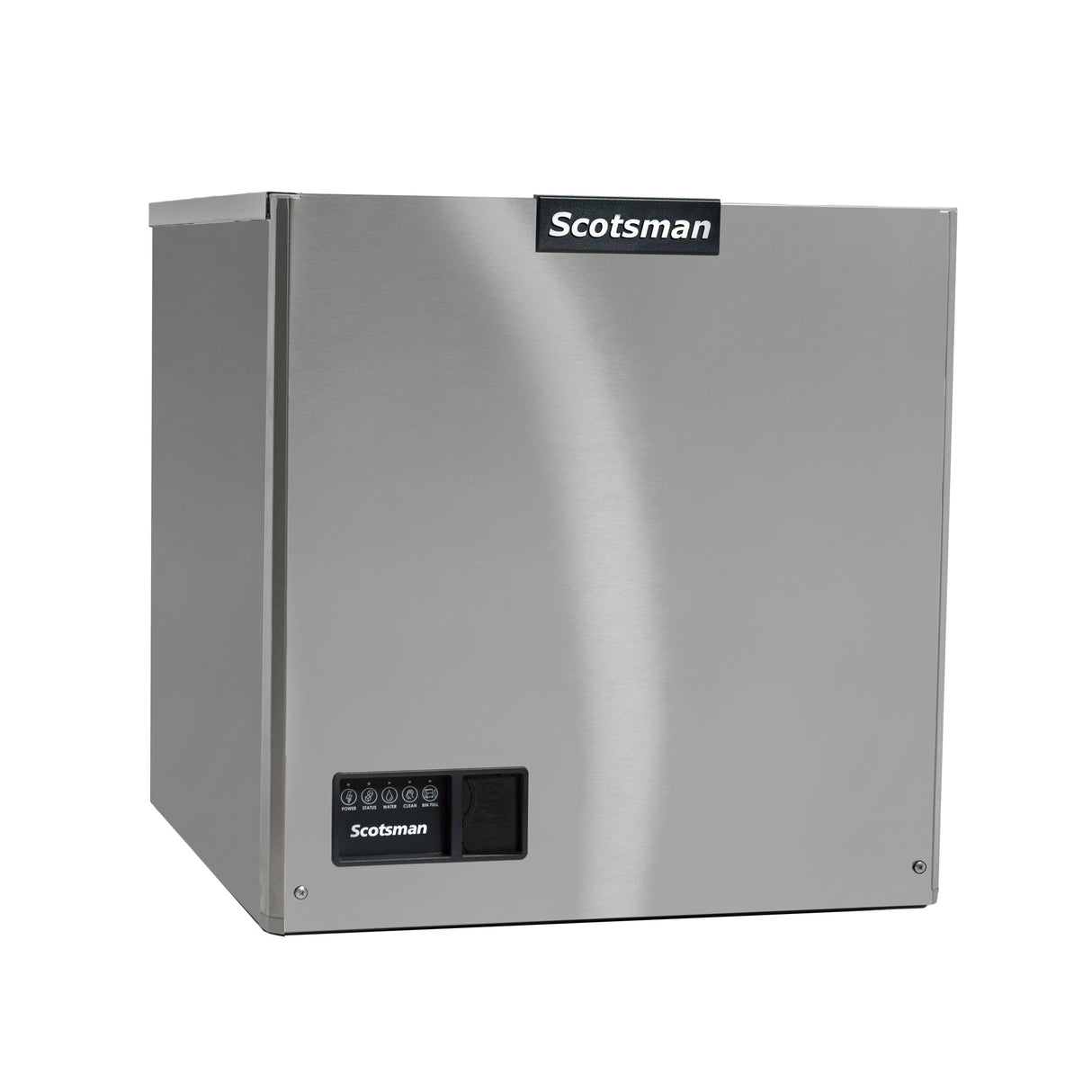 A stainless steel Prodigy ELITE Ice Maker by Scotsman with a sleek, boxy design. The Scotsman logo is displayed at the top, and on the lower left is a control panel with buttons, indicators, and a small display screen for easy operation.