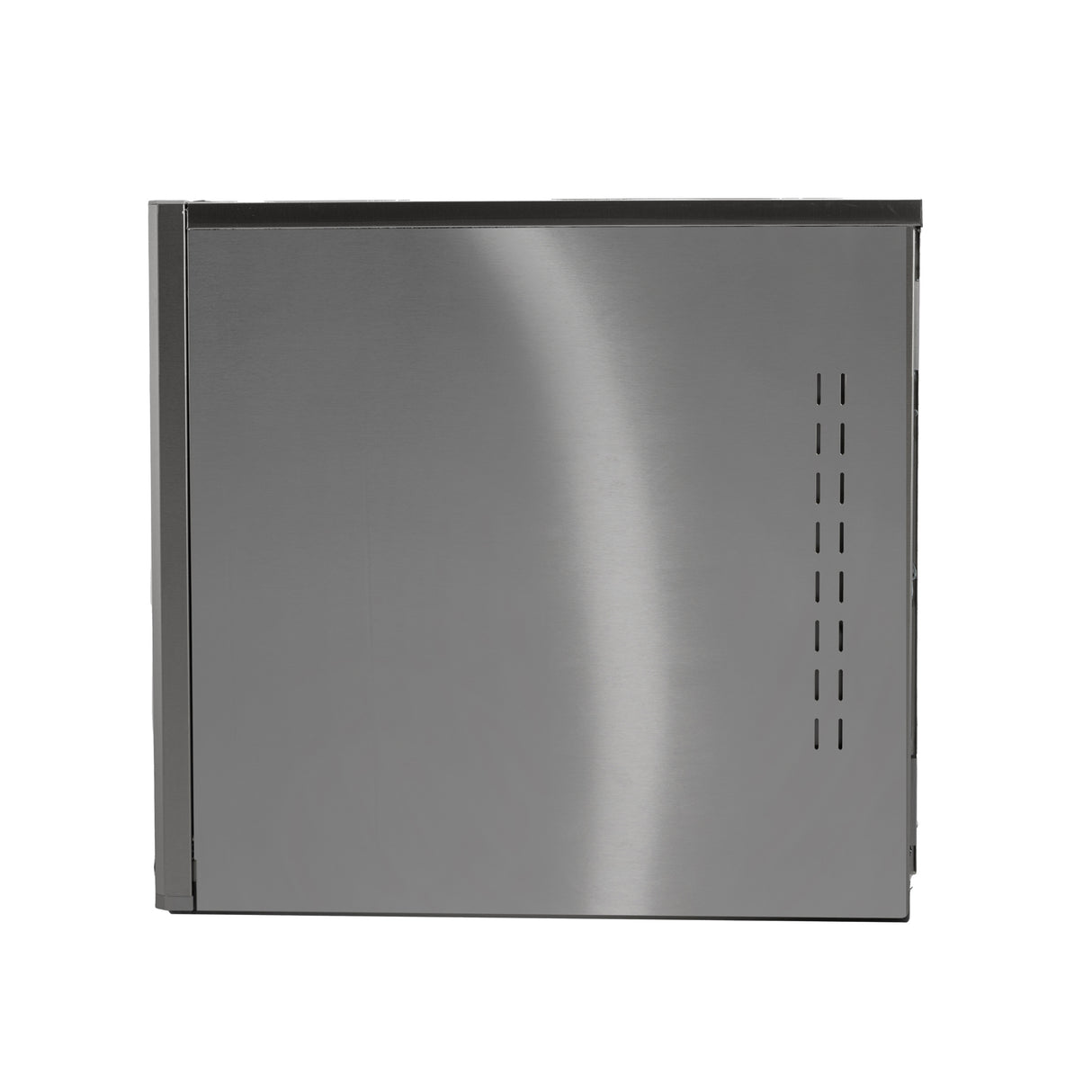 A stainless steel water-cooled ice maker viewed from the side, featuring a smooth metal surface with vertical ventilation slits on the right. The appliance has a sleek, modern design with a slightly reflective finish and clean lines. No branding or controls are visible.