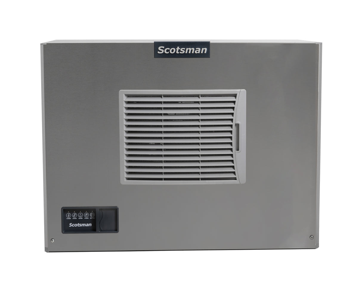 A stainless steel Scotsman Prodigy ELITE ice maker features a large vented panel in the center, air-cooled design, a black control panel with indicator lights on the lower left, and the Scotsman logo at the top for a clean, industrial look.