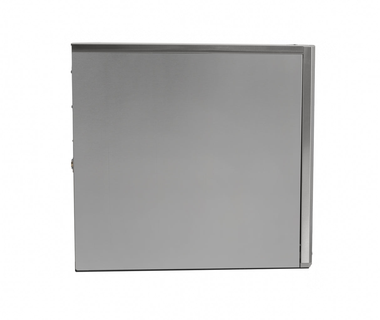 A closed, stainless steel metal cabinet with a smooth front door and a small lock on the left edge. This unit, designed for modern spaces, resembles the sleek housing typical of an air-cooled ice maker or medium cube ice machine.