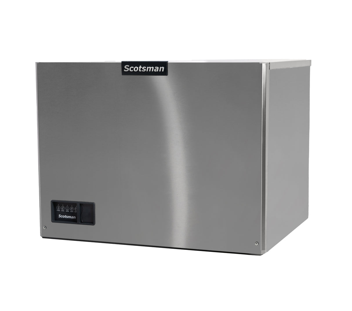 A stainless steel Scotsman ice maker with a smooth, boxy exterior. The front panel features the Scotsman logo at the top and a small rectangular control panel with indicator lights, highlighting its water-cooled design and small cube size option. Plain white background.