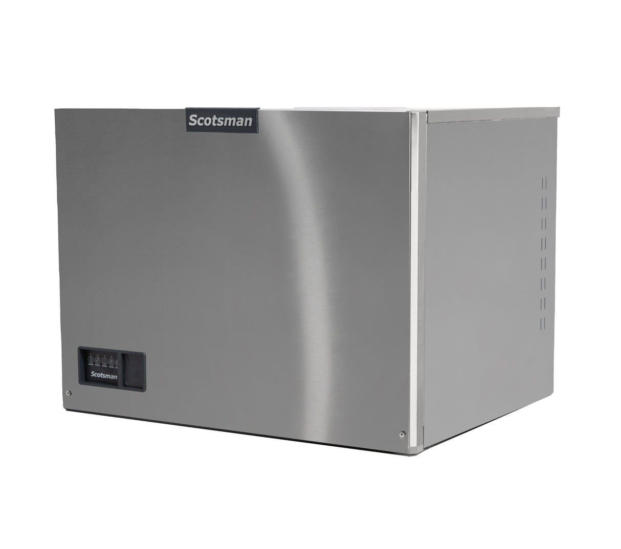 A stainless steel Scotsman ice maker with a rectangular shape, vented side panel, and control buttons on the front lower left. Featuring a black Scotsman logo, it offers small cube size ice and a water-cooled system—ideal for modern commercial kitchens.
