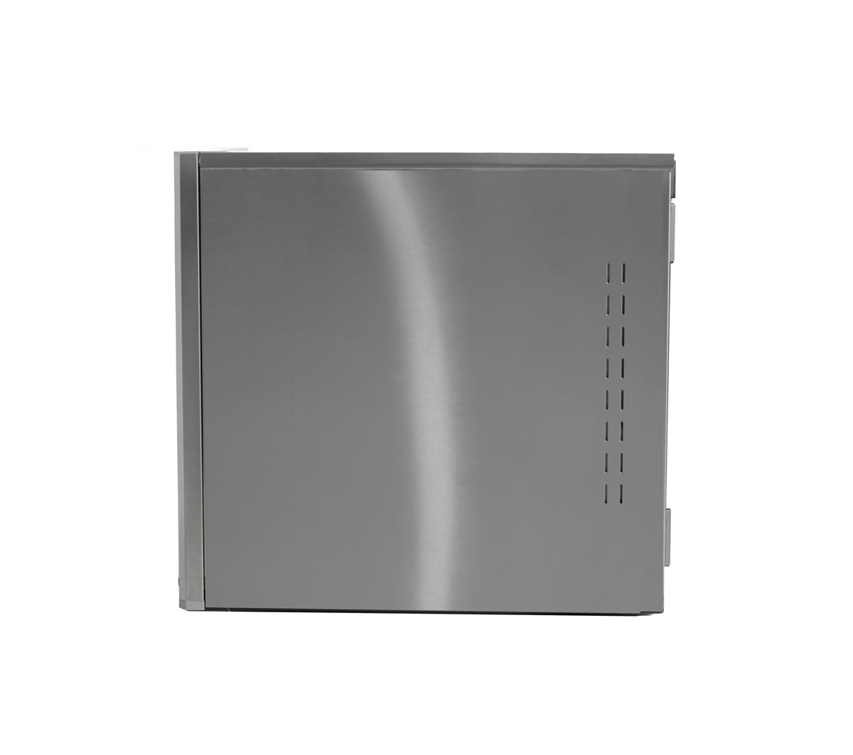 A stainless steel rectangular Prodigy ELITE Ice Maker viewed from the side, featuring a smooth, brushed metal surface with subtle vertical vent slits and a hinge on the far right edge, set against a plain white background.
