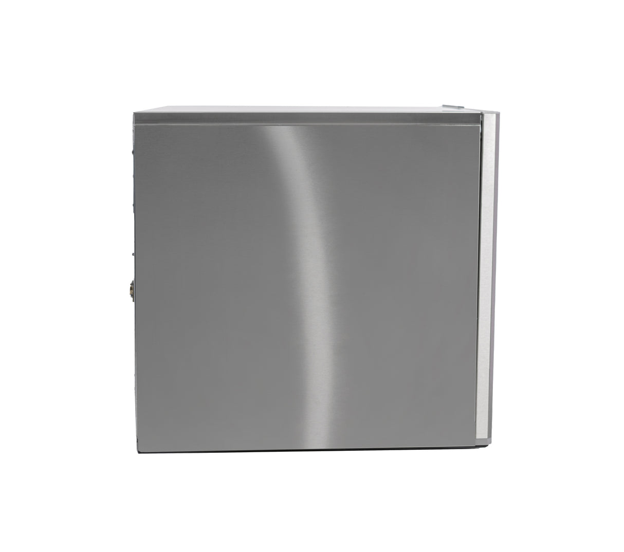 A stainless steel mini fridge with a smooth, plain door is shown against a white background. Featuring a reflective surface and vertical handle, this compact unit complements cube style appliances and pairs well with an ice maker in modern spaces.