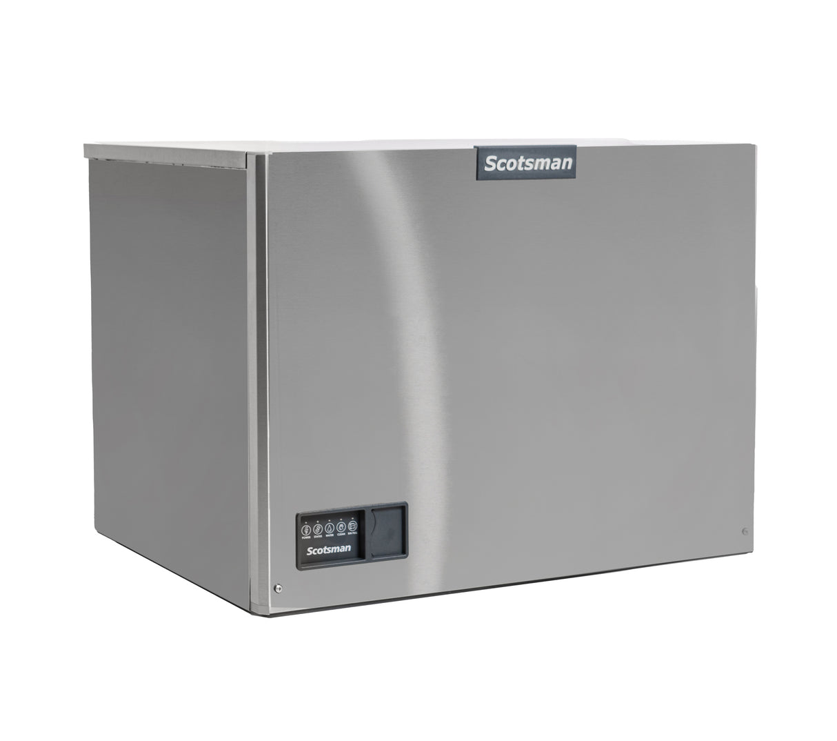 A stainless steel Scotsman ice maker with a rectangular shape, control panel on the lower left front, and the Scotsman logo at the top center of the front panel. This cube style, water-cooled machine features a smooth, slightly reflective surface with minimal detailing.