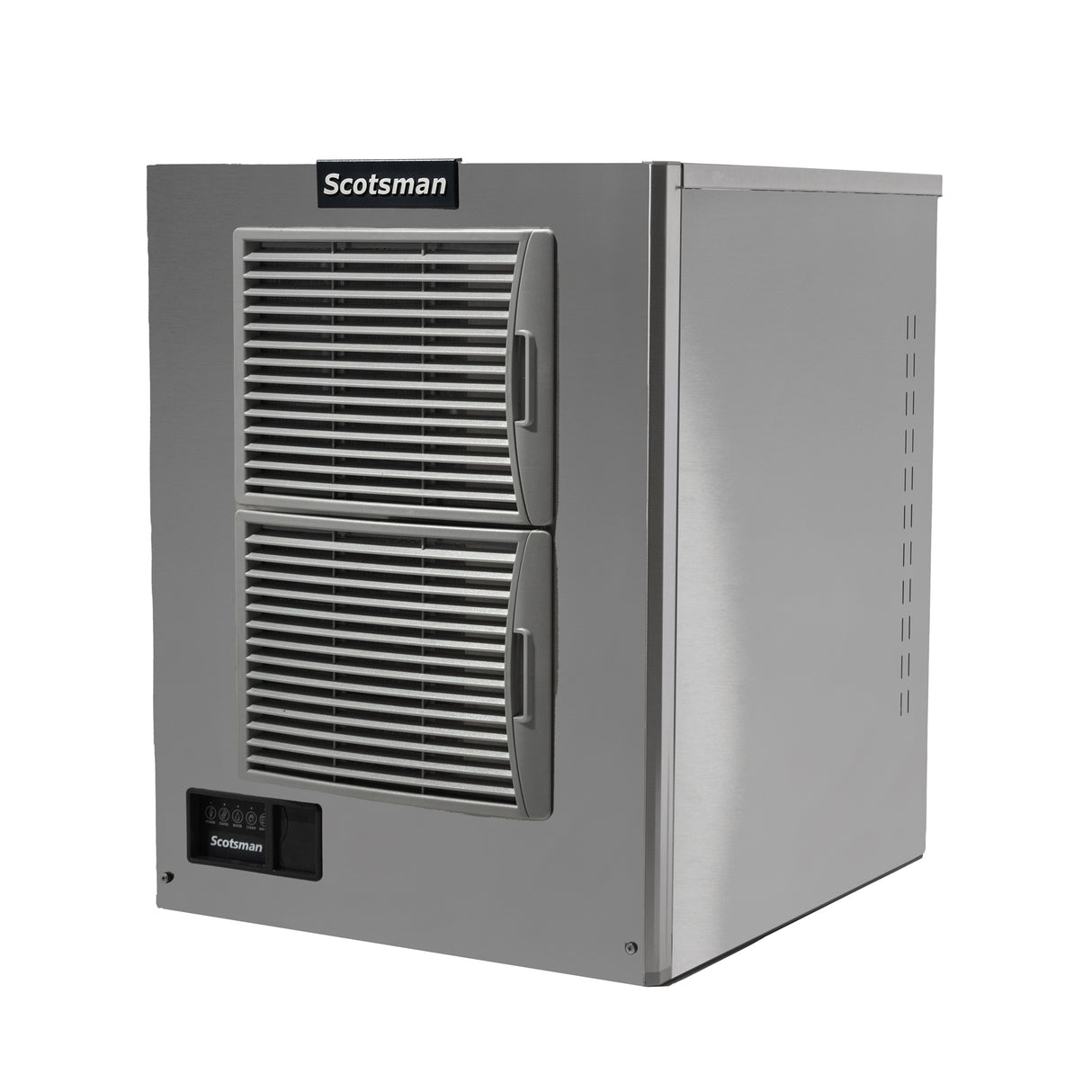 An air-cooled stainless steel Scotsman ice maker with two vertical vented panels on the front, a small black control display at the bottom left, and a solid side panel. The unit stands on small feet against a plain white background.