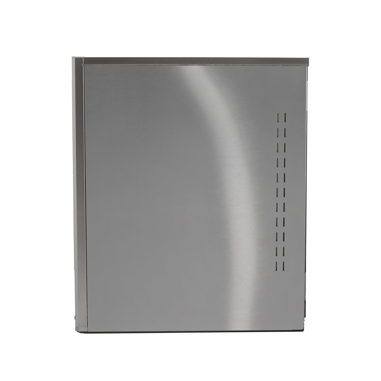 A rectangular, stainless steel appliance side panel with a smooth, reflective surface. Designed for the Prodigy ELITE Ice Maker, it features vertical ventilation slots on the right and showcases a simple, modern look against a plain white background.