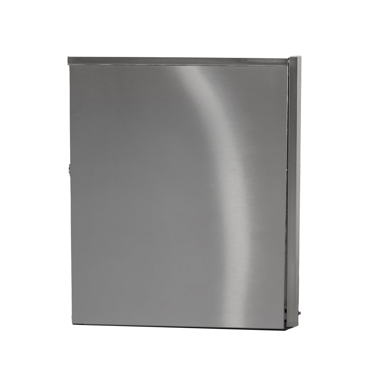 A plain, rectangular stainless steel wall-mounted box with a smooth, brushed finish, this self-contained condenser enclosure features a front panel and slightly visible side edges. No handles, labels, or openings are present. The background is plain white.