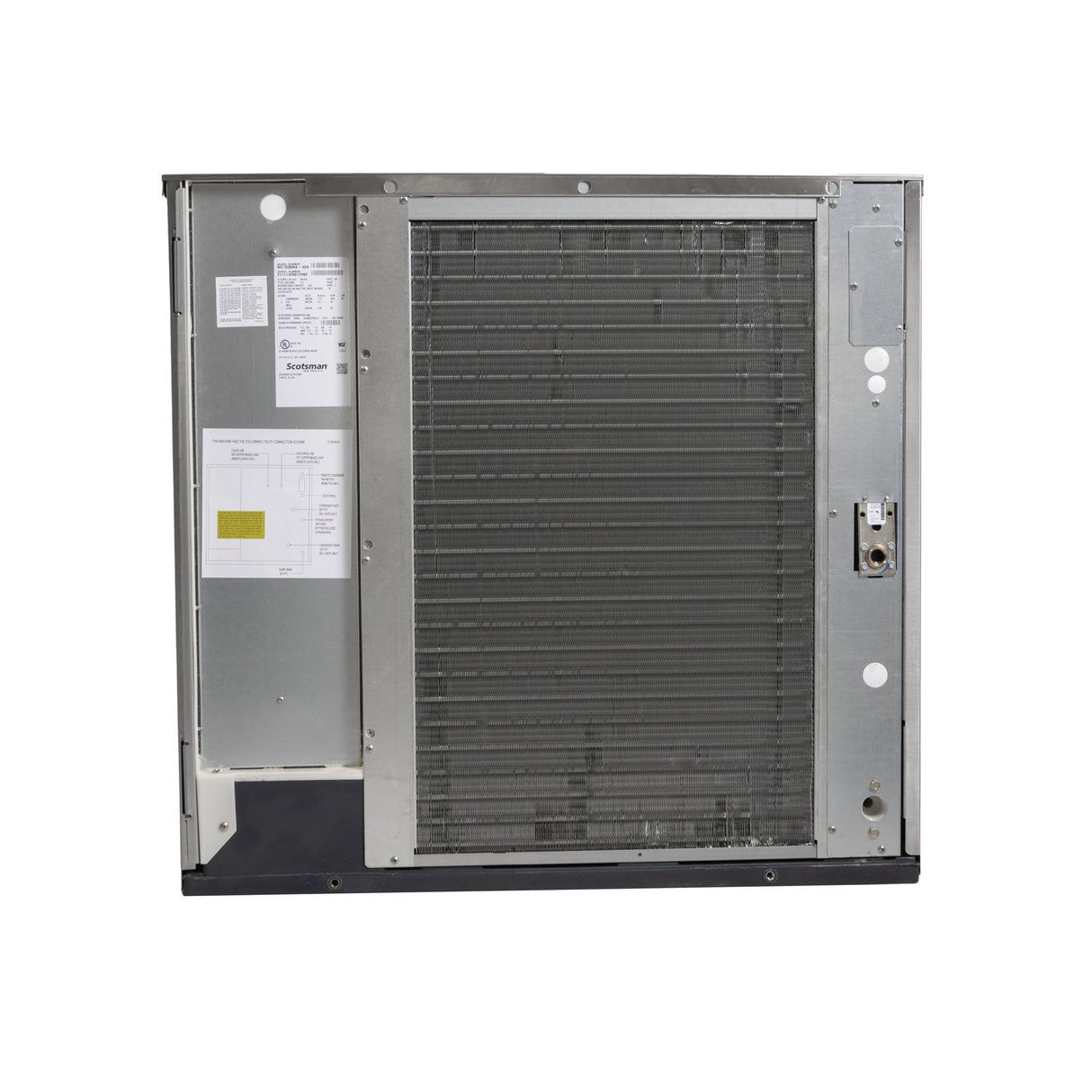 A large metal HVAC evaporator coil unit seen from the side, similar in design to the Prodigy ELITE Ice Maker, featuring a rectangular frame with thin metal fins, tubing, and labeled compartment—common in air-cooled ice maker or heating systems.