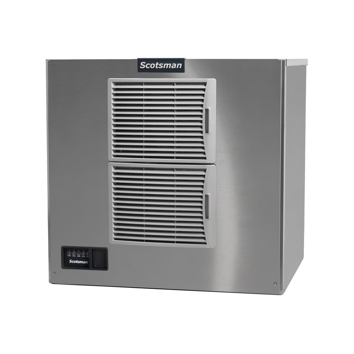 A stainless steel Prodigy ELITE Ice Maker by Scotsman features two front-facing vented panels and a small black display on the lower left. This commercial ice machine boasts a modern, boxy design with the Scotsman brand name at the top center.