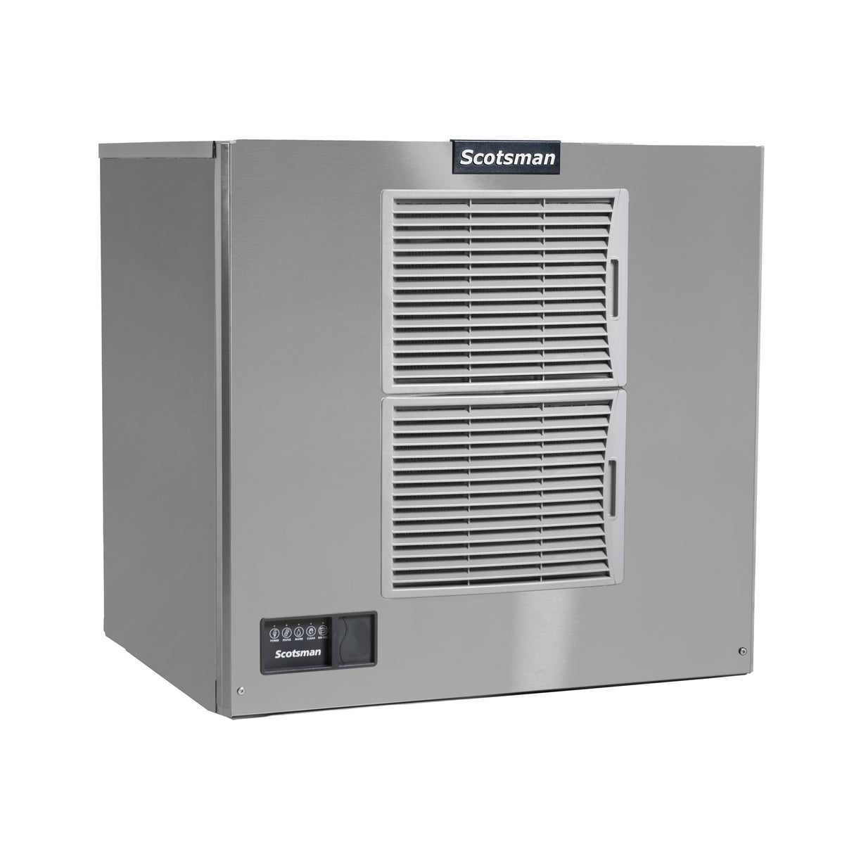 A stainless steel Prodigy ELITE Ice Maker with two horizontal vented panels on the front, a Scotsman logo above the vents, and a small control panel with indicator lights. This air-cooled ice maker features a modern, industrial, cube-shaped design.