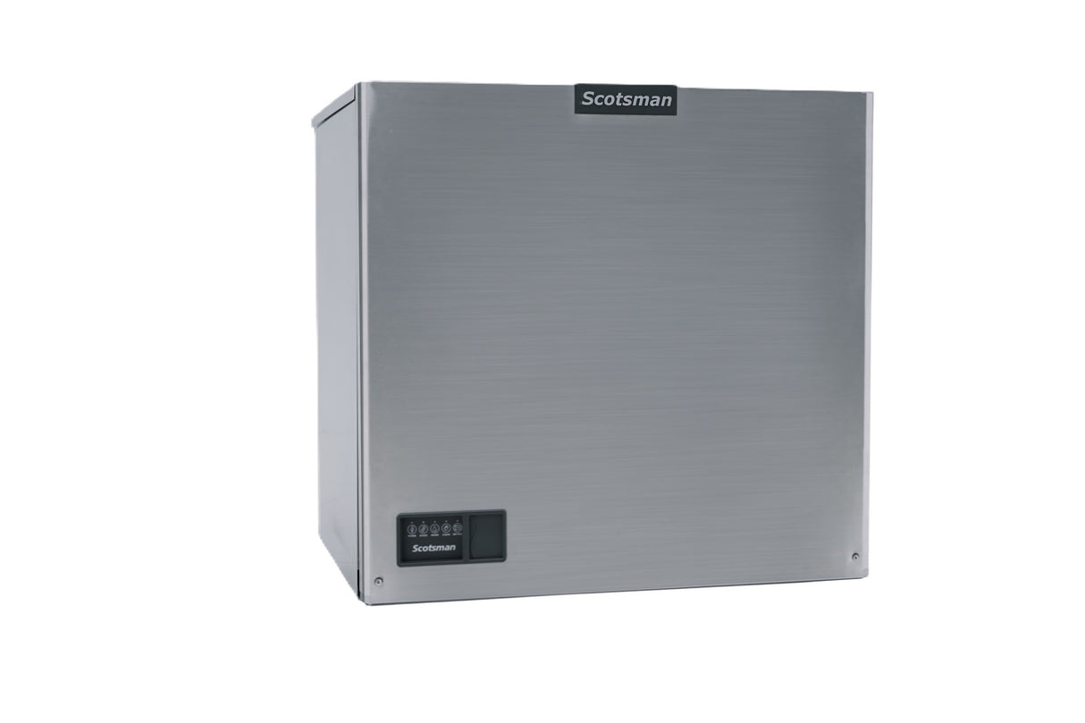 A stainless steel Prodigy ELITE Ice Maker from Scotsman with a minimalist, box-shaped design. The front features a black control panel with indicator lights in the bottom left and a Scotsman logo near the top, set against a white background.