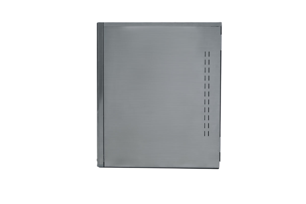 A rectangular gray metal panel with a smooth, brushed finish, typical of Prodigy ELITE ice maker models, features a vertical hinge on the left and cube style ventilation slots on the right side, photographed against a plain white background.