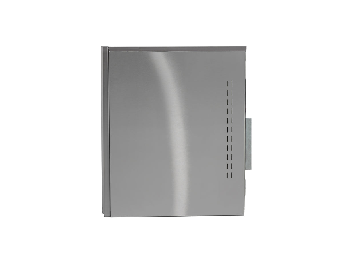 A stainless steel, wall-mounted utility box—ideal for housing a Prodigy ELITE Ice Maker or other cube style ice machine—features a smooth front, vertical vent slots on the right side, and a flat top. It is pictured against a plain white background.