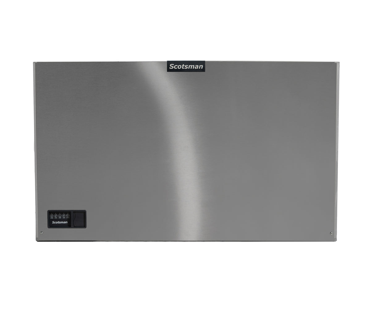 A stainless steel Scotsman Prodigy ELITE Ice Maker door panel with a smooth finish. The Scotsman logo is centered near the top edge, and a black control panel is visible on the lower left corner. The panel is rectangular and minimalistic in design.
