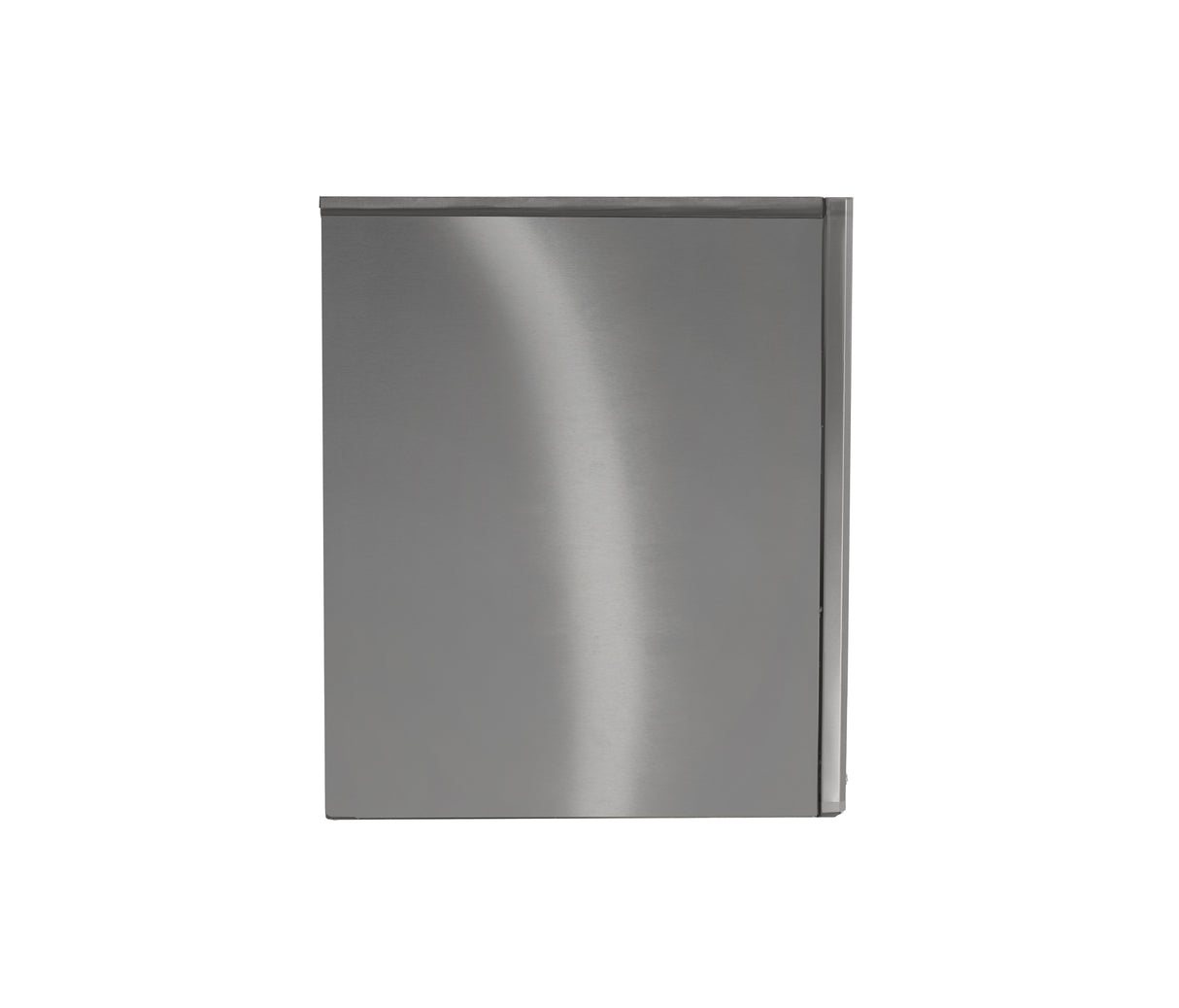 A closed refrigerator door with a sleek stainless steel finish stands centered against a plain white background. Its modern, minimalist design, reminiscent of the Prodigy ELITE Ice Maker, features no visible handle or branding.