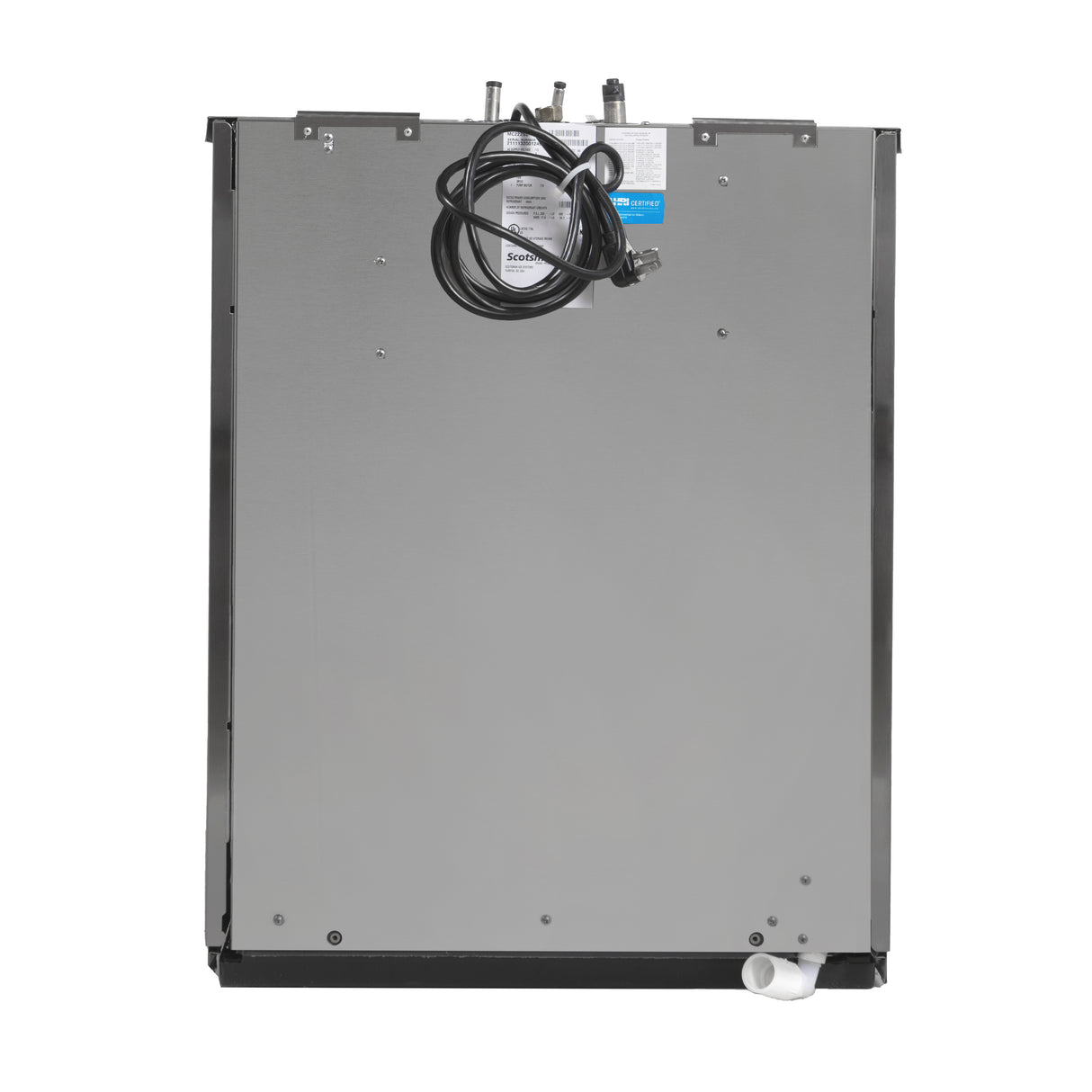 A metallic appliance is shown from the back, featuring a smooth stainless steel panel, ice maker Prodigy ELITE® branding, a black power cord coiled and attached at the top, two water inlet connections, an energy label, and a white drainage hose at the bottom right corner.