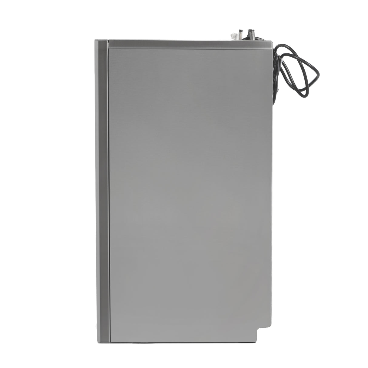 A sleek, silver, rectangular cube ice maker is shown from the side against a white background. The front is featureless, and a power cord is visible on the upper right. The appliance has a modern, minimalist design.