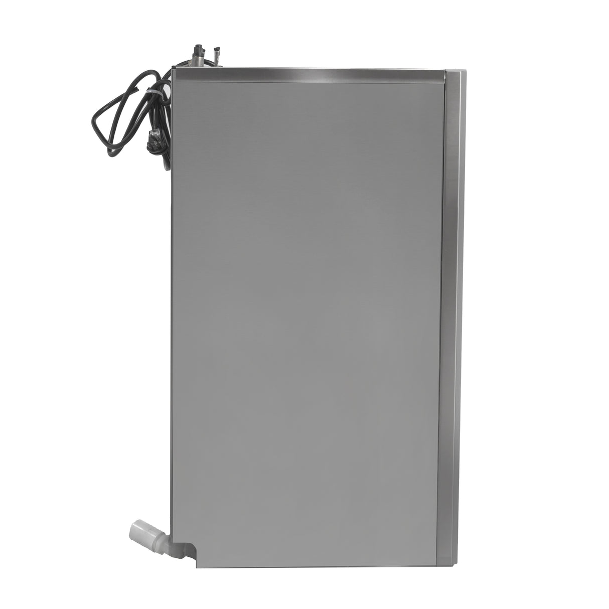 A side view of a rectangular stainless steel appliance, possibly a Prodigy ELITE® Eclipse® Ice Maker or small cube ice machine. An electric cord is coiled near the top left, and a short spout extends from the bottom left. The background is plain white.