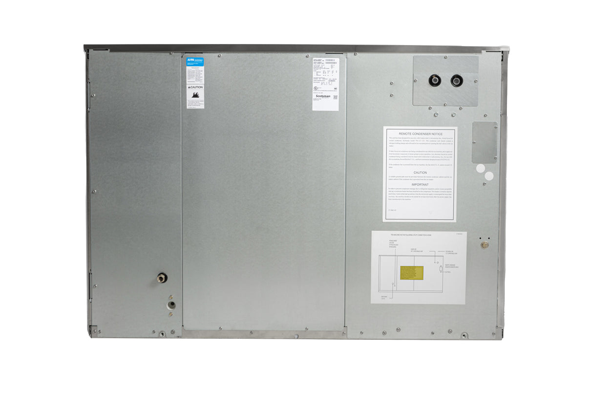 A large, rectangular metal HVAC air handler unit viewed from the access panel side. The gray surface features labels, stickers, a wiring diagram, two black ports, and screw-mounted panels—similar in finish to a Prodigy ELITE ice maker with small cube size output.