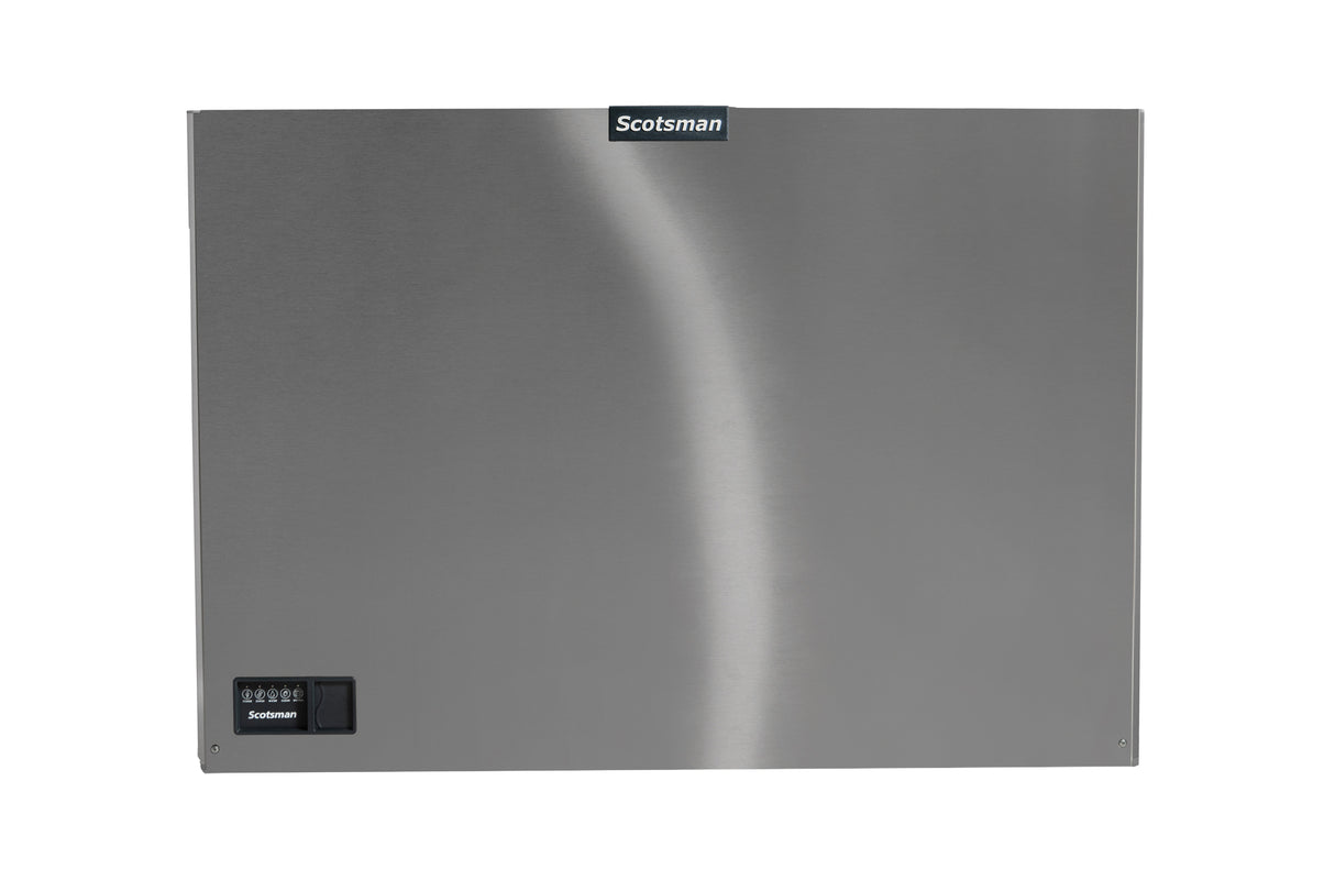 A rectangular stainless steel ice machine door panel with a brushed finish, designed for the Prodigy ELITE Ice Maker. The Scotsman logo is centered at the top, with a small control panel in the lower left corner and a smooth, metallic sheen.