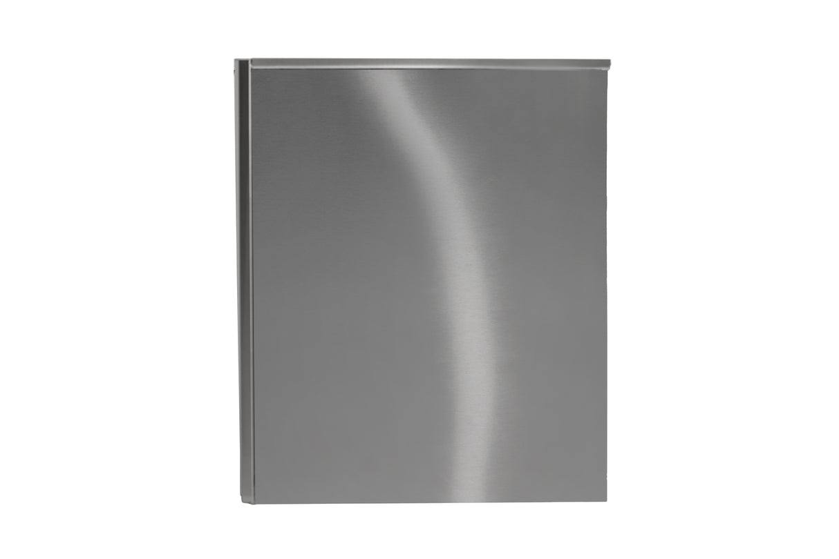 A sleek, rectangular stainless steel wall-mounted cabinet or panel with a smooth, flat surface and slightly rounded edges reflects light—an ideal housing for an ice maker Prodigy ELITE, perfect for producing small cube size ice.