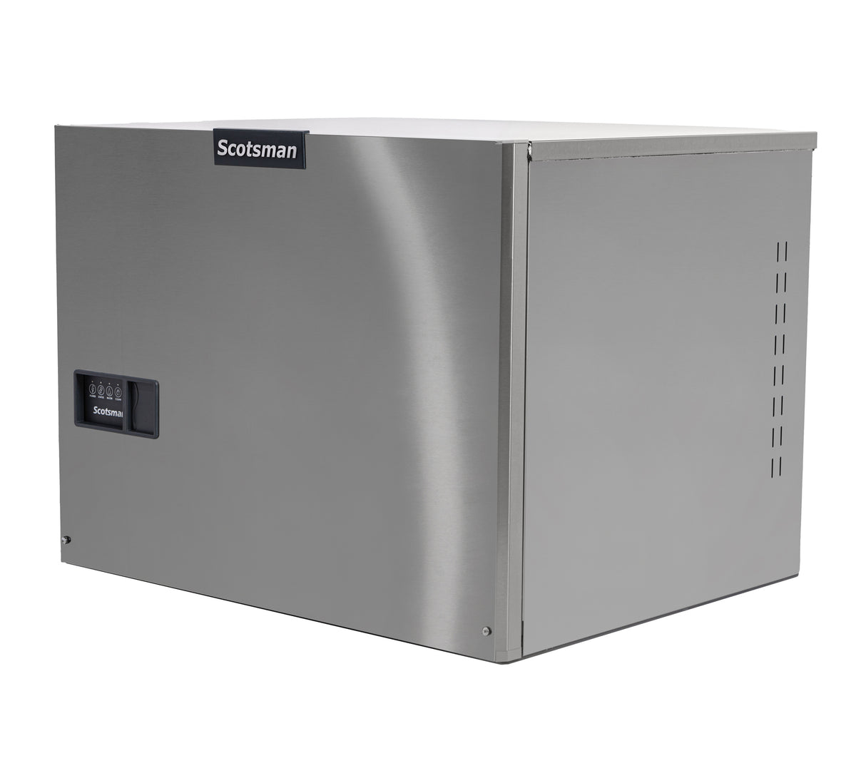 A stainless steel Prodigy ELITE Eclipse Ice Maker with a rectangular shape, flat top, and vented side panel. The front features a small black control panel and the Scotsman logo. Its brushed metal finish adds to its modern, industrial appeal.