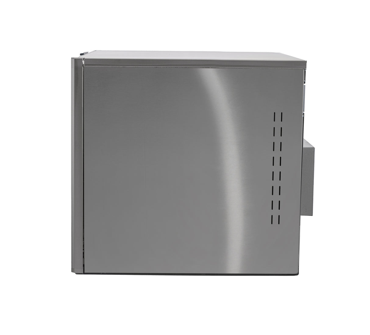 A side view of a stainless steel rectangular appliance, likely a commercial ice maker or cube ice machine, with a smooth metallic finish and vertical ventilation slits. The plain white background highlights its modern, minimalistic design.