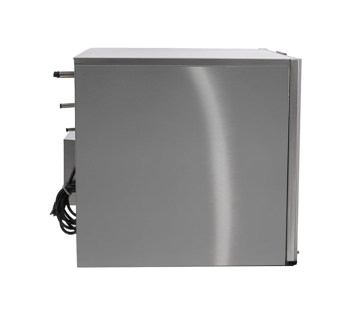 A side view of a stainless steel appliance, possibly a high capacity ice machine or beverage cooler, with a smooth metallic surface. Electrical cords hang from the back, and two protruding metal tubes are visible at the top left. The background is plain white.