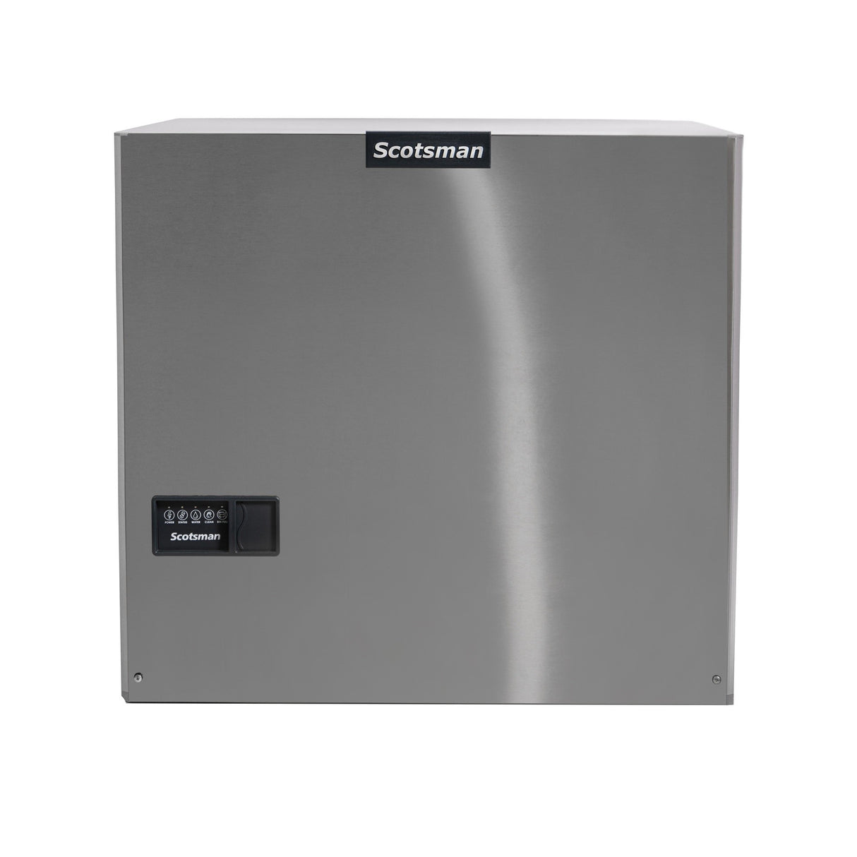 A stainless steel high capacity ice maker, this Scotsman Prodigy ELITE Eclipse Ice Maker features a smooth rectangular front, the Scotsman logo at the top center, and a sleek control panel on the lower left for a modern, industrial look.